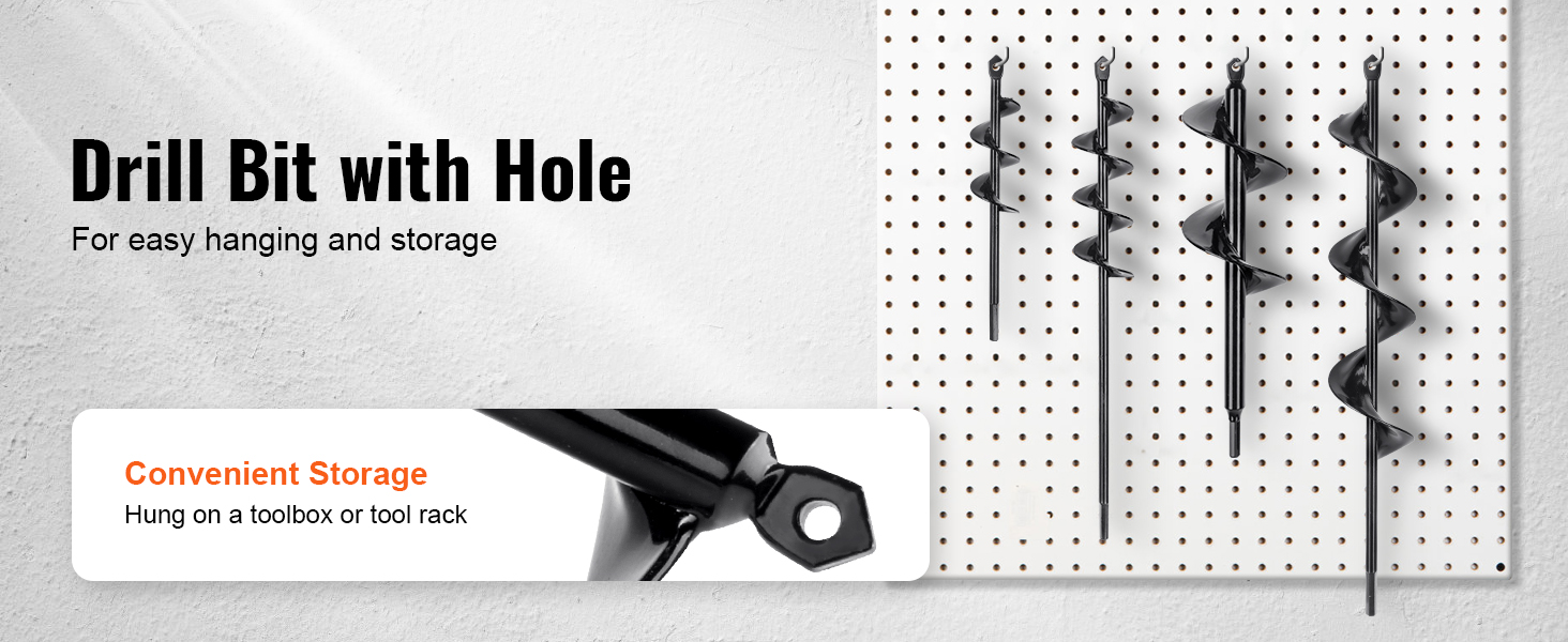 VEVOR auger drill bits for planting with holes for easy hanging and storage on white pegboard.