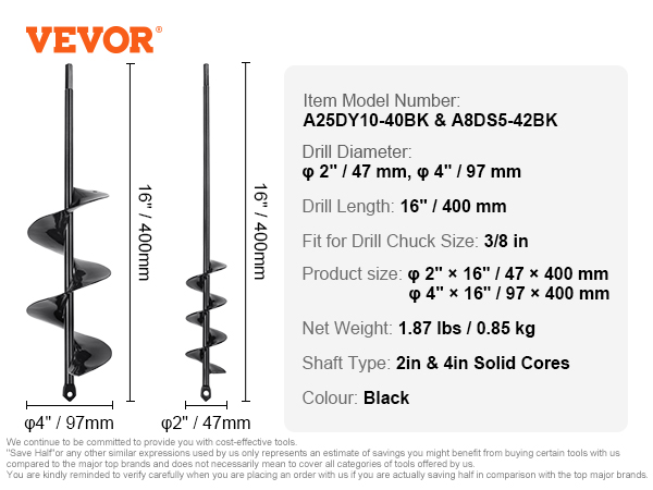 VEVOR auger drill bits in black, 2in and 4in diameters, with 16in length, and solid cores.