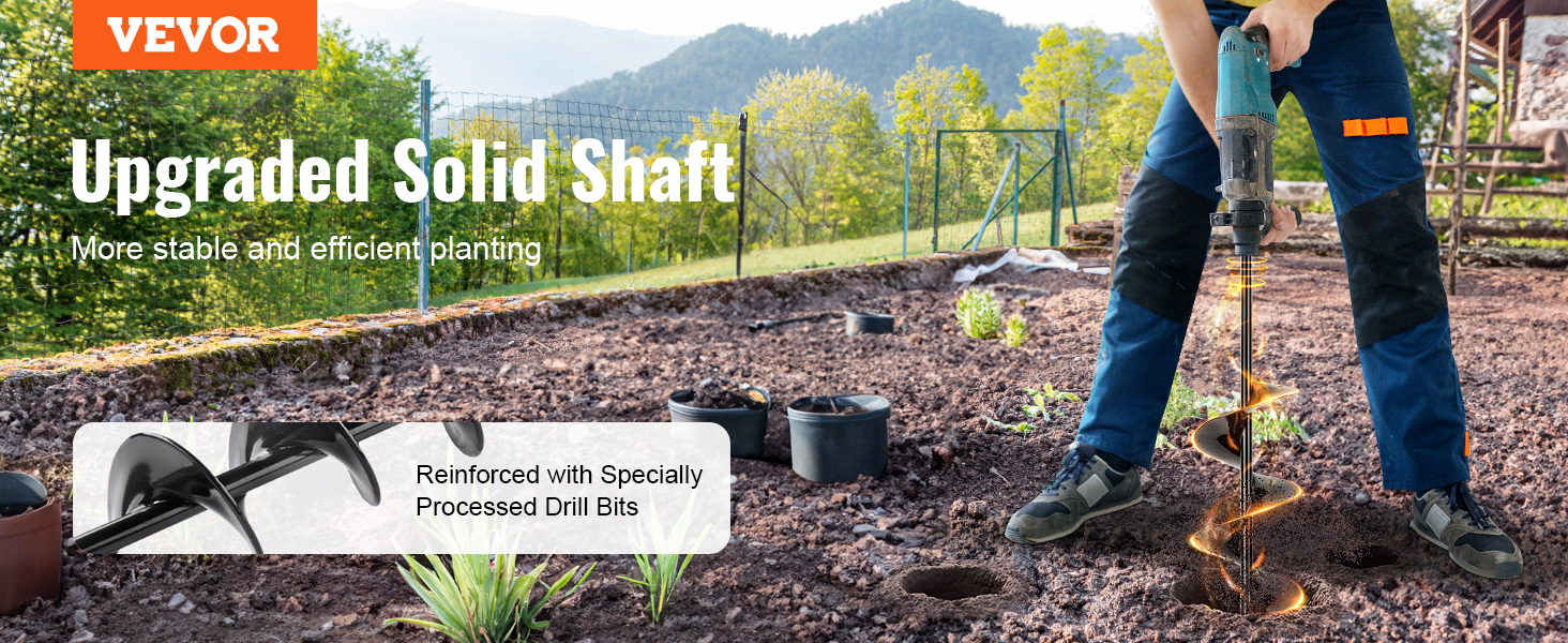VEVOR auger drill bits used for planting in a garden with an upgraded solid shaft for stability.