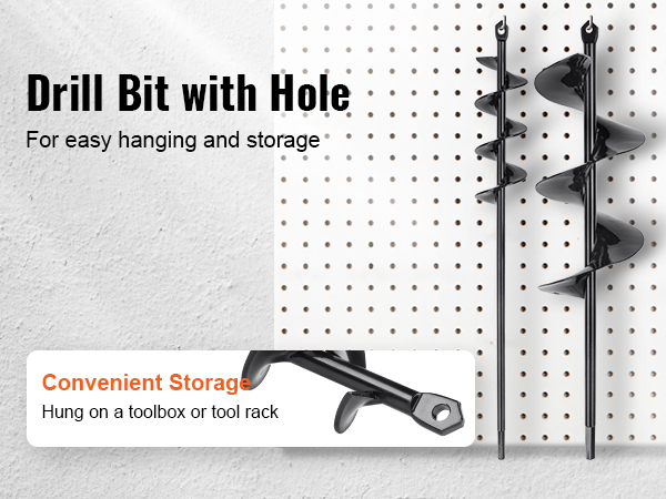 VEVOR auger drill bits with hanging holes displayed on a pegboard for convenient storage.