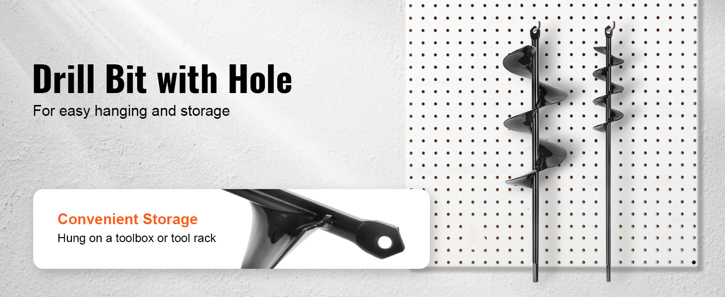 VEVOR auger drill bits with hanging holes displayed on a pegboard for convenient storage.