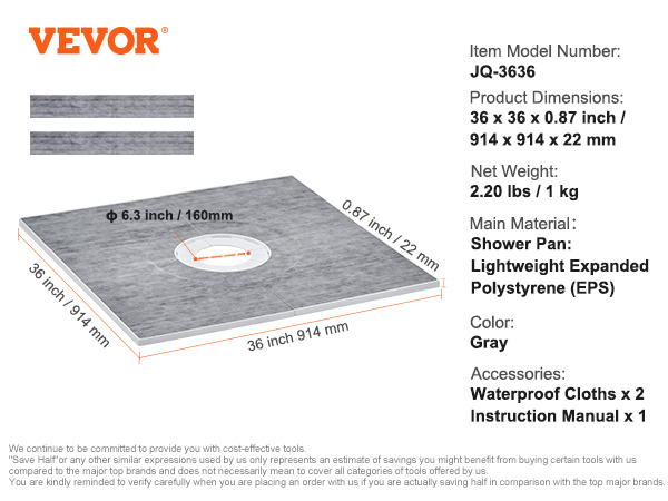 VEVOR shower curb kit, model jq-3636, 36"x36"x0.87", 2.20 lbs, gray eps shower pan with accessories.