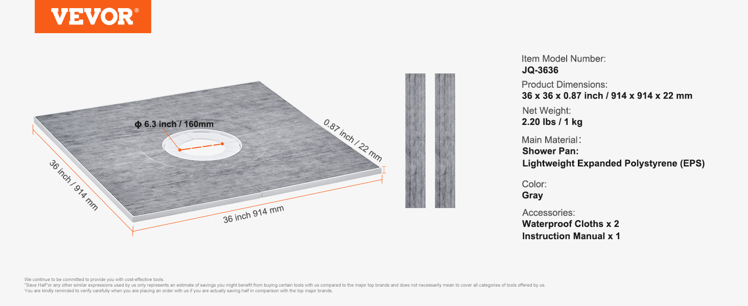 VEVOR shower curb kit, model jq-3636, 36"x36"x0.87", 2.20 lbs, gray eps shower pan with accessories.