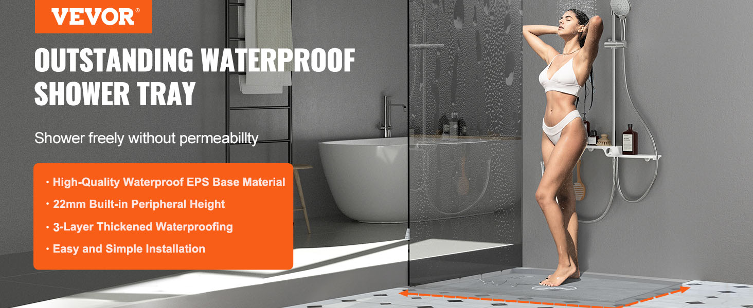 VEVOR shower curb kit, waterproof shower tray, easy installation, high-quality eps base, 5-layer waterproofing.