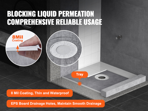 VEVOR shower curb kit with 8mil waterproof coating and eps board drainage for reliable liquid blocking.