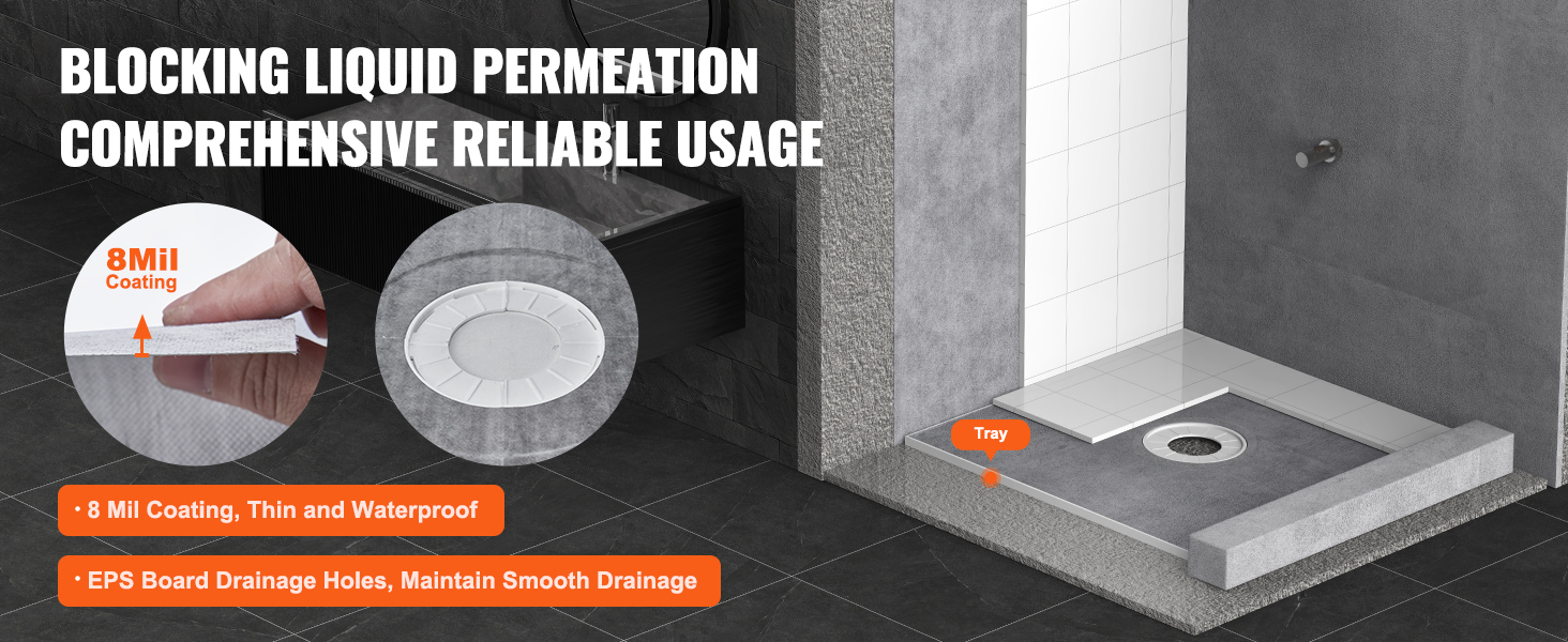 VEVOR shower curb kit with 8mil waterproof coating and eps board drainage for reliable liquid blocking.