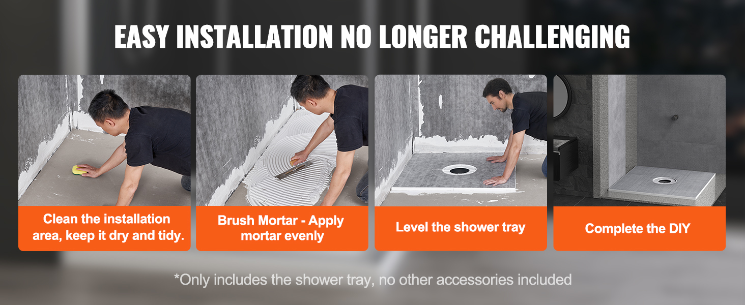 easy installation of the VEVOR shower curb kit: clean, apply mortar, level tray, and complete the diy.