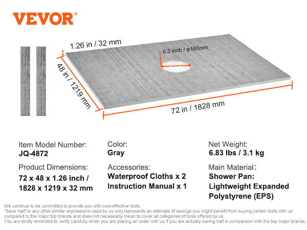 VEVOR shower pan kit, model jq-4872, 72x48x1.26 inch gray lightweight eps. includes 2 waterproof cloths.