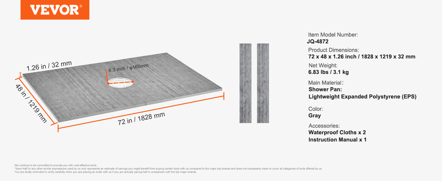 VEVOR shower pan kit, model jq-4872, 72x48x1.26 inch gray lightweight eps. includes 2 waterproof cloths.