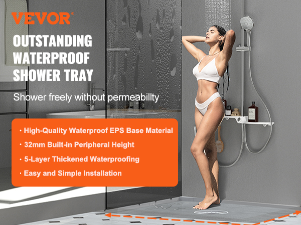 VEVOR shower pan kit, featuring a high-quality waterproof eps base, in a modern bathroom setup.