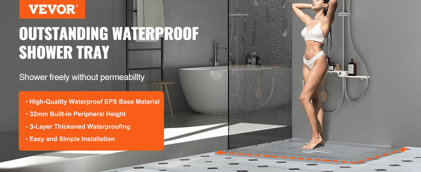 VEVOR shower pan kit, featuring a high-quality waterproof eps base, in a modern bathroom setup.