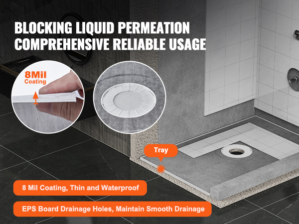 VEVOR shower pan kit with 8 mil coating, eps board drainage holes, and reliable waterproof construction.