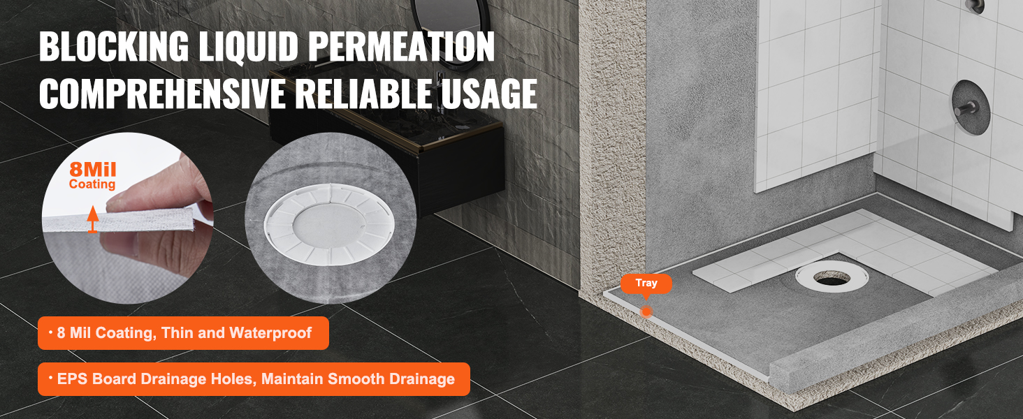 VEVOR shower pan kit with 8 mil coating, eps board drainage holes, and reliable waterproof construction.