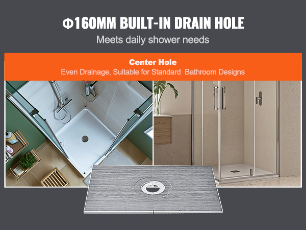 VEVOR shower pan kit with center hole, 160mm built-in drain, ideal for standard bathroom designs.