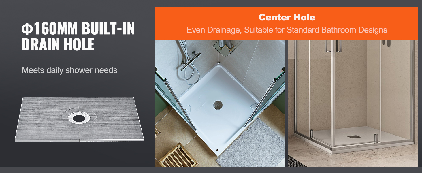 VEVOR shower pan kit with center hole, 160mm built-in drain, ideal for standard bathroom designs.
