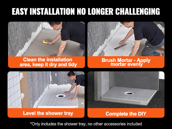 multiple sizes of VEVOR shower pan kit: 36x36, 72x48, 60x38, 72x72 inches. choose the right fit.