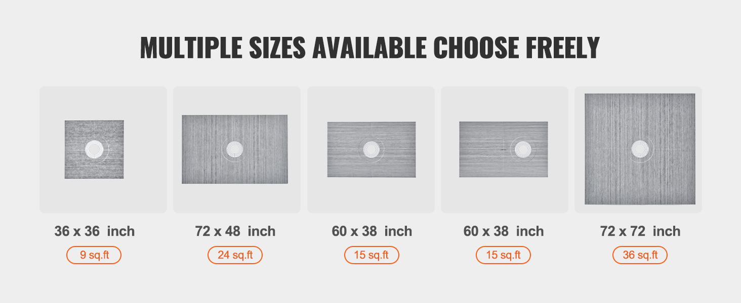 multiple sizes of VEVOR shower pan kit: 36x36, 72x48, 60x38, 72x72 inches. choose the right fit.