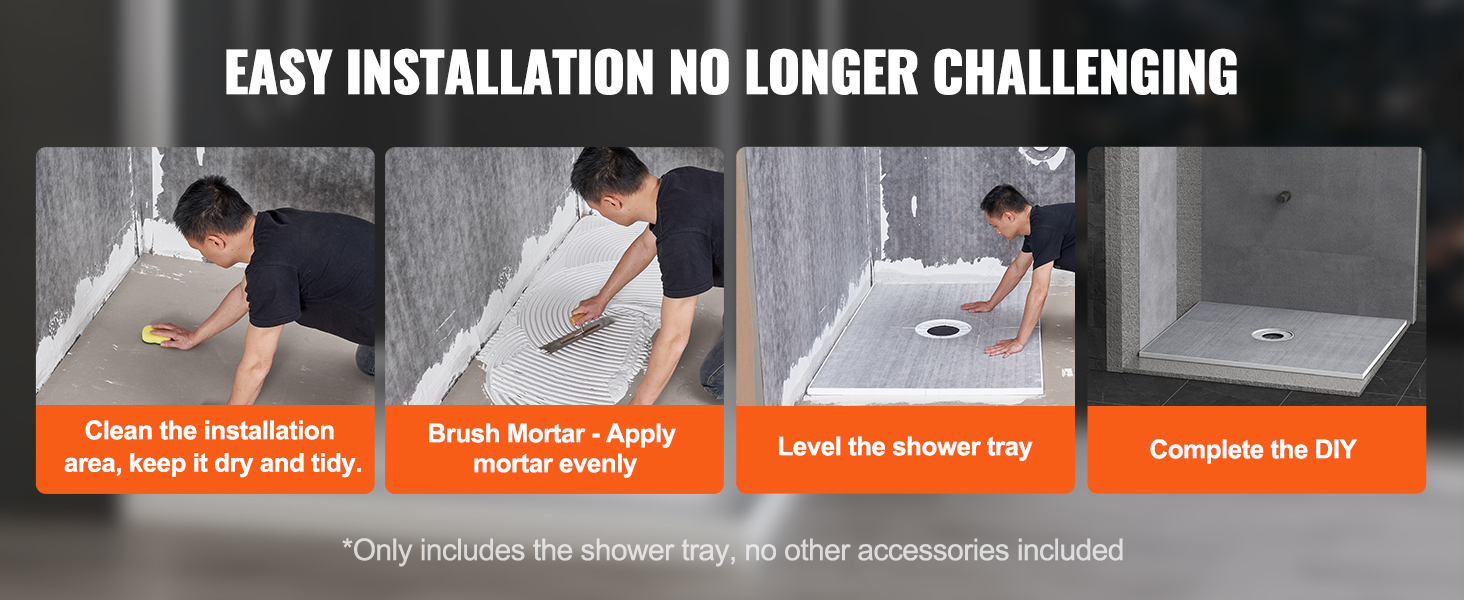 VEVOR shower pan kit installation steps: cleaning, applying mortar, leveling tray, completing diy.