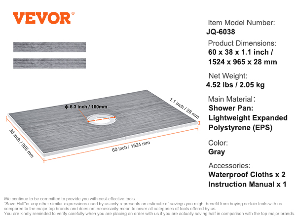 VEVOR shower curb kit dimensions: 60"x38"x1.1" (1524 x 965 x 28 mm), gray, with waterproof cloths and manual.