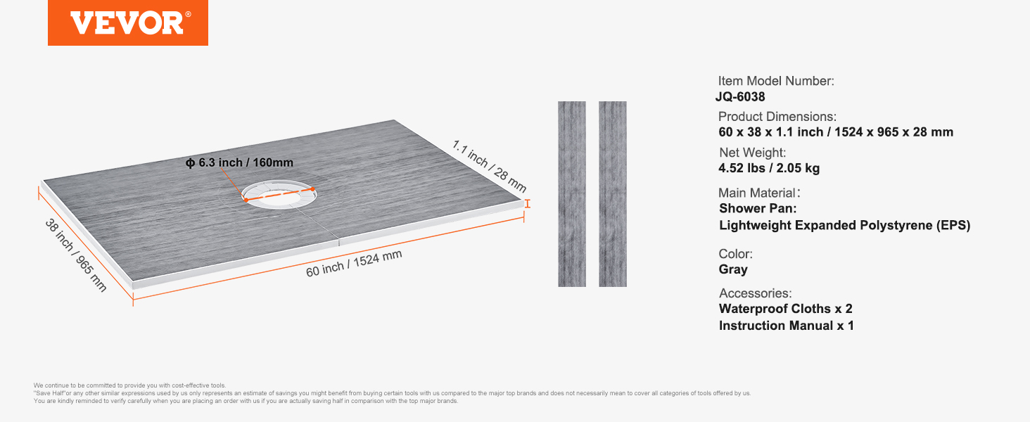 VEVOR shower curb kit dimensions: 60"x38"x1.1" (1524 x 965 x 28 mm), gray, with waterproof cloths and manual.