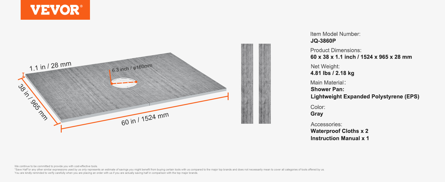 VEVOR shower pan kit dimensions and features, including lightweight eps material and waterproof cloths.