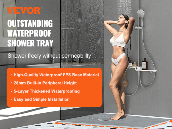 VEVOR shower pan kit with high-quality waterproof eps base, 28mm height, and easy installation.