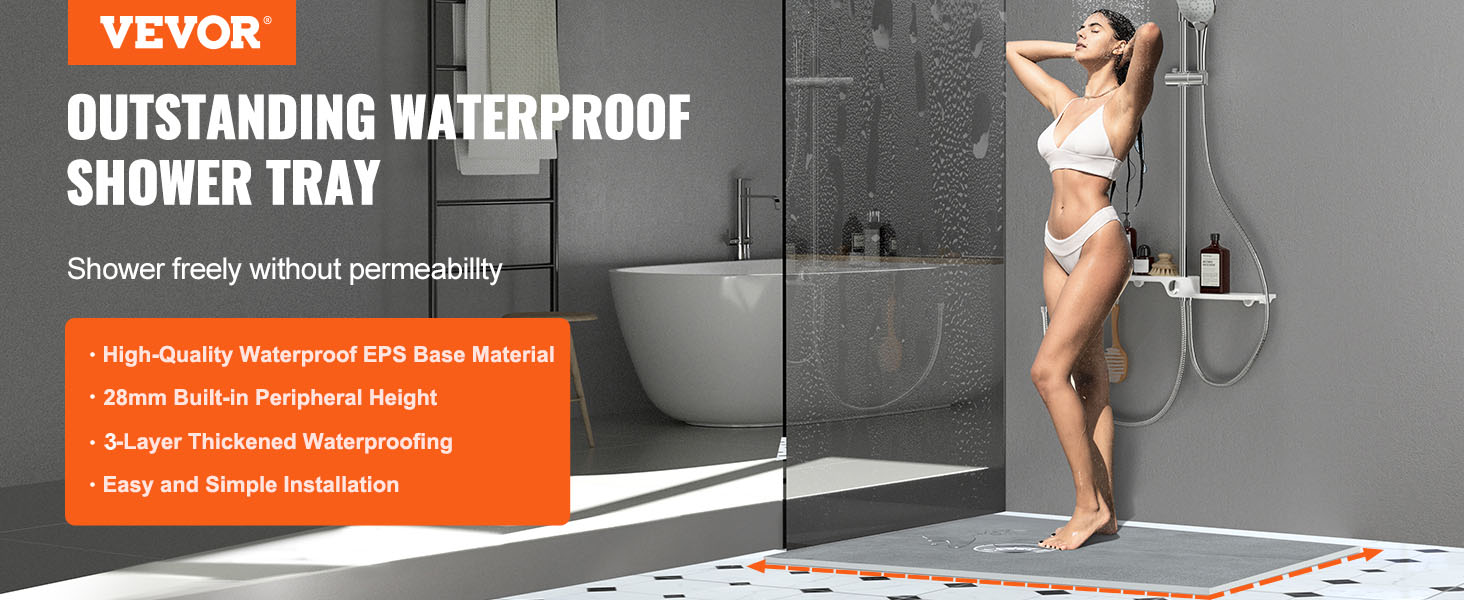 VEVOR shower pan kit with high-quality waterproof eps base, 28mm height, and easy installation.