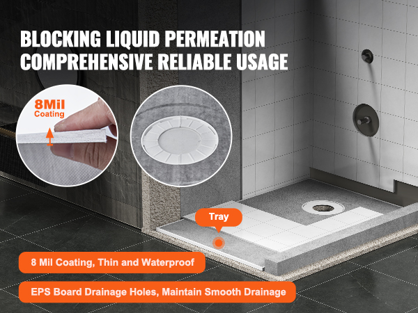 VEVOR shower pan kit with 8mil coating offers waterproofing and smooth drainage in a modern shower setup.