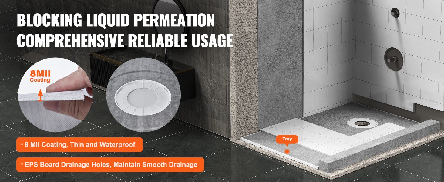 VEVOR shower pan kit with 8mil coating offers waterproofing and smooth drainage in a modern shower setup.