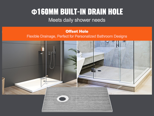 VEVOR shower pan kit with 160mm built-in drain hole for flexible drainage and custom bathroom designs.