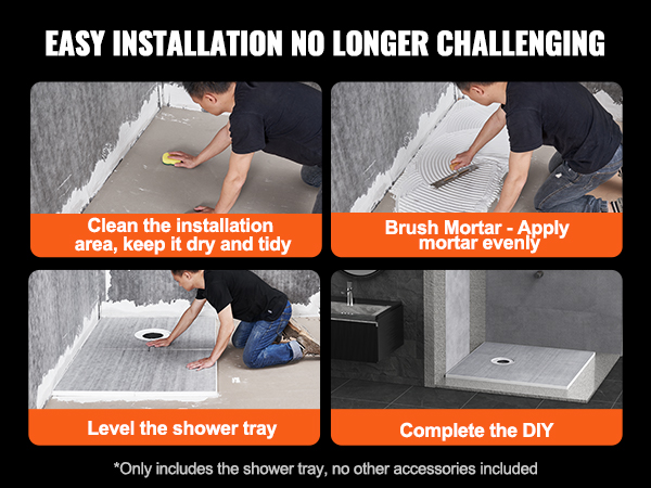 multiple sizes of VEVOR shower pan kit available: 36x36, 72x48, 60x38, and 72x72 inches.