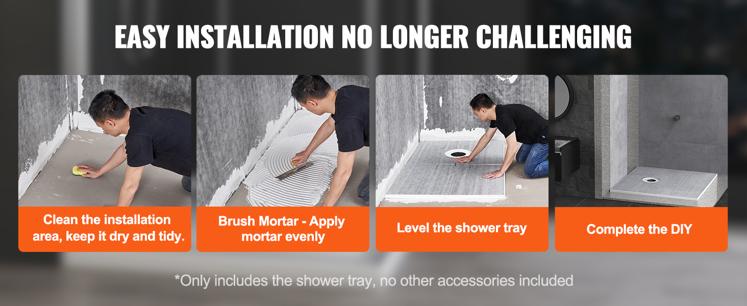 easy installation of VEVOR shower pan kit: clean, apply mortar, level tray, complete diy. no accessories included.