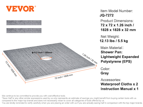 VEVOR shower curb kit: dimensions 72x72 inches, lightweight eps material, gray color, includes waterproof cloths.