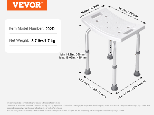 VEVOR shower chair 202d, adjustable height, 3.7 lbs/1.7 kg, dimensions labeled.