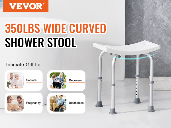 VEVOR shower chair features a 350lbs wide curved design, perfect for seniors, recovery, pregnancy, and disabilities.