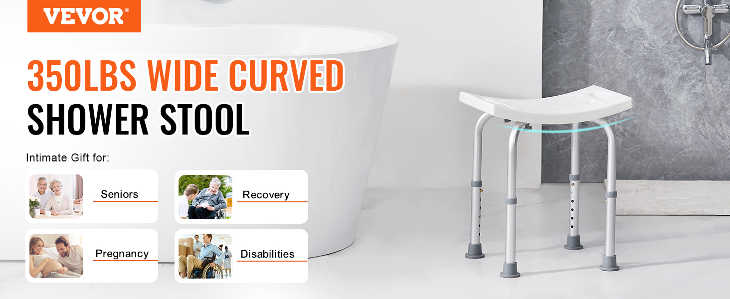 VEVOR shower chair features a 350lbs wide curved design, perfect for seniors, recovery, pregnancy, and disabilities.