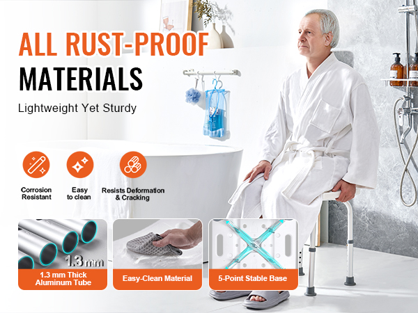 VEVOR shower chair with rust-proof materials, 1.3 mm thick aluminum tube, easy-clean material, 5-point base.