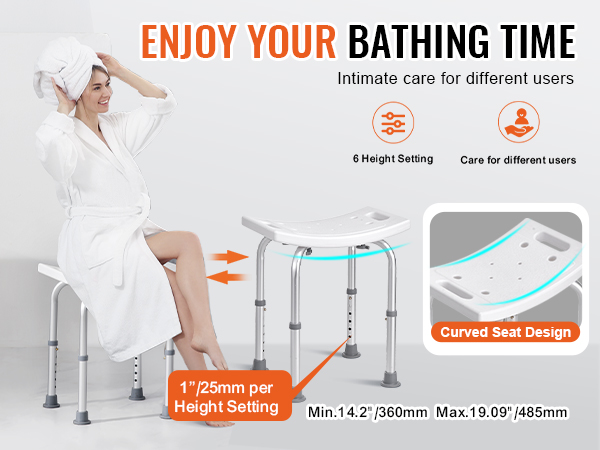 VEVOR shower chair with adjustable height and curved seat design for enhanced comfort and support.