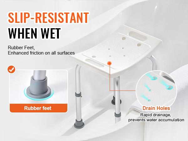 VEVOR shower chair with non-slip rubber feet and drainage holes for enhanced safety and comfort.