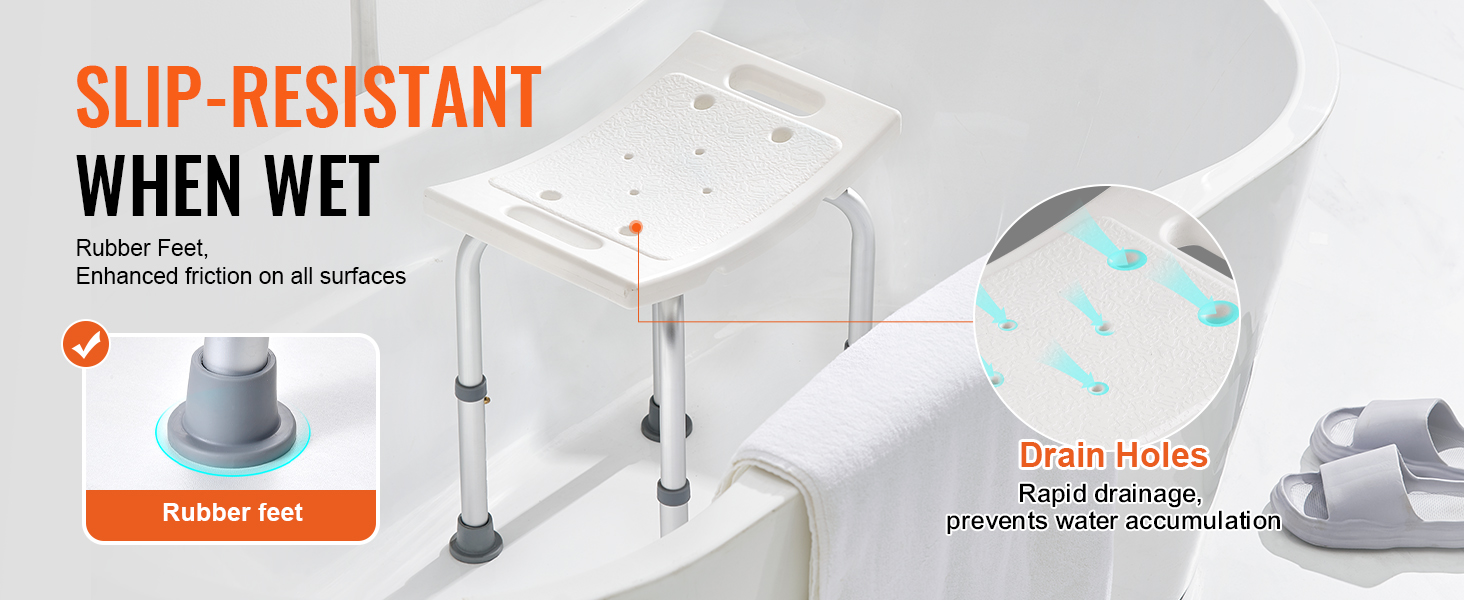 VEVOR shower chair with non-slip rubber feet and drainage holes for enhanced safety and comfort.
