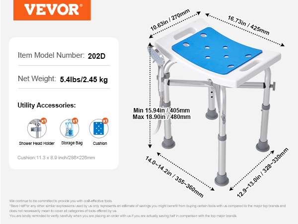 VEVOR shower chair, model 202d, includes shower head holder, storage bag, and cushion. weight: 5.4lbs.