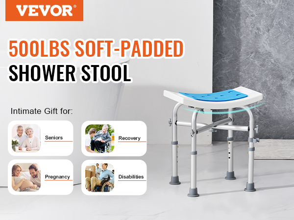 VEVOR shower chair, 500lbs soft-padded, ideal for seniors, recovery, pregnancy, and disabilities.