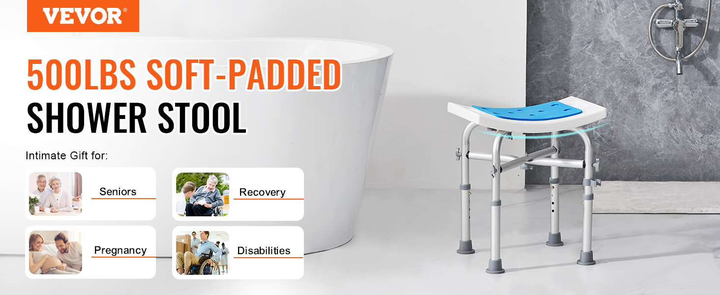 VEVOR shower chair, 500lbs soft-padded, ideal for seniors, recovery, pregnancy, and disabilities.