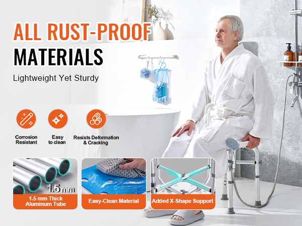 VEVOR shower chair features rust-proof materials, easy-clean surfaces, and durable x-shape support.