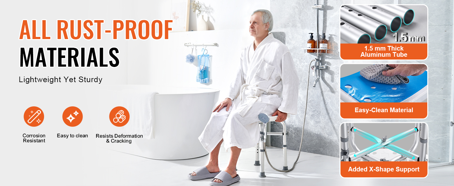 VEVOR shower chair features rust-proof materials, easy-clean surfaces, and durable x-shape support.