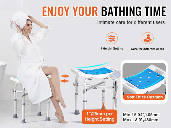 enjoy your bathing time with the VEVOR shower chair. soft thick cushion, adjustable height, fitted for comfort.