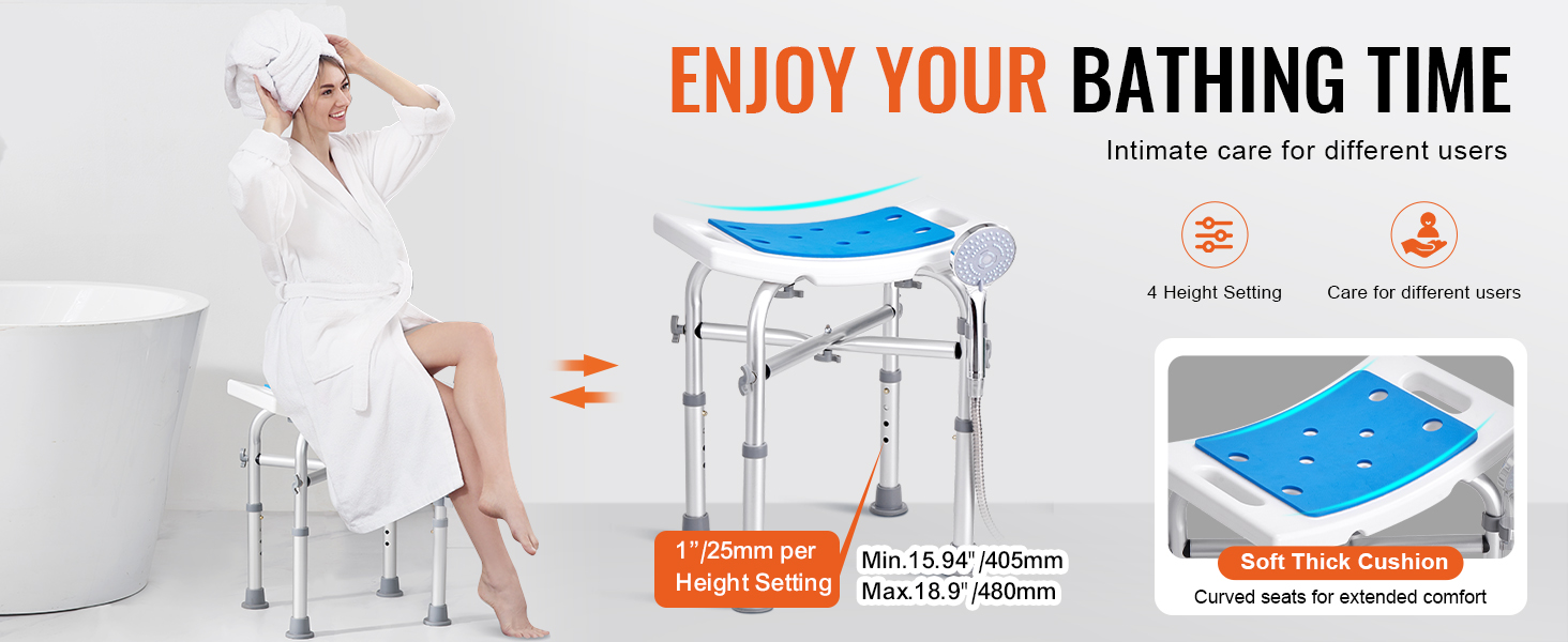 enjoy your bathing time with the VEVOR shower chair. soft thick cushion, adjustable height, fitted for comfort.