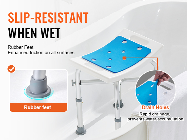 VEVOR shower chair with slip-resistant rubber feet and drain holes for efficient water removal.