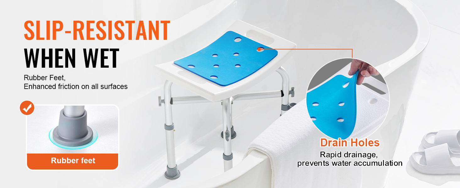 VEVOR shower chair with slip-resistant rubber feet and drain holes for efficient water removal.