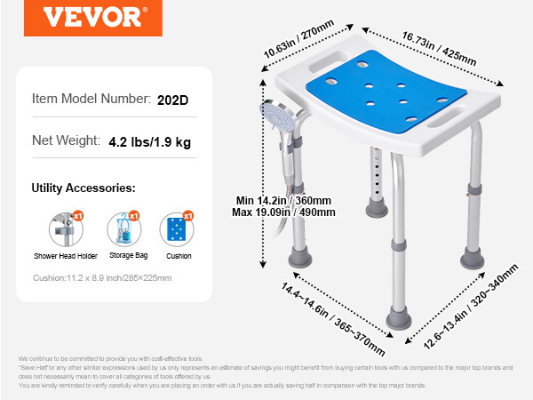 VEVOR shower chair model 202d, 4.2 lbs/1.9 kg, with shower head holder, storage bag, and cushion.